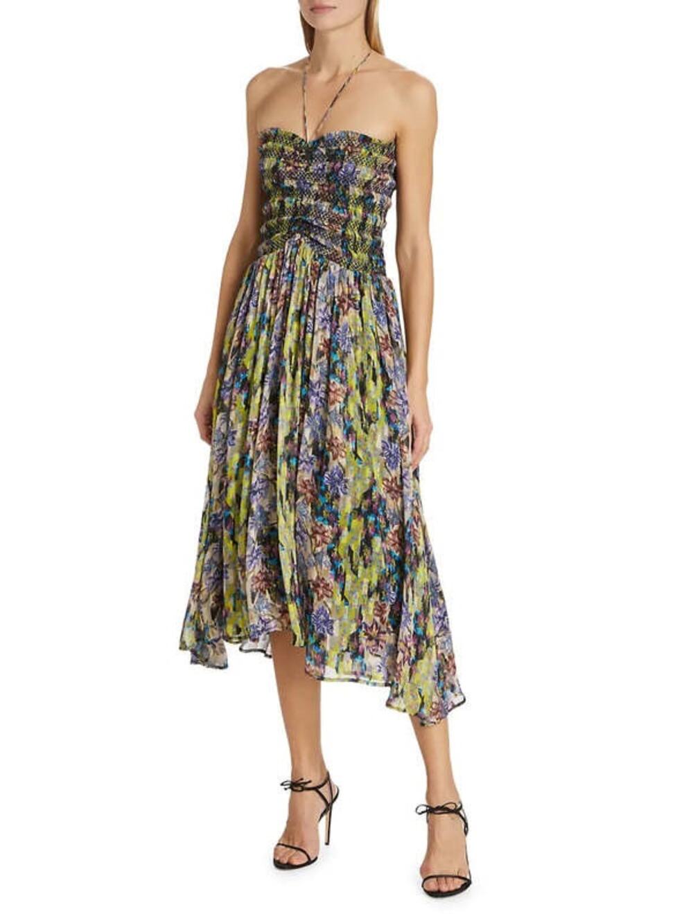 Maria Cher Women's Areco Selva Metallic Striped Floral Georgette Halter Dress M